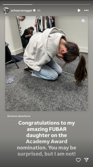 Monica Barbaro covering her face finding out about her first Oscar nomination with a sweet message from Arnold Schwarzenegger.