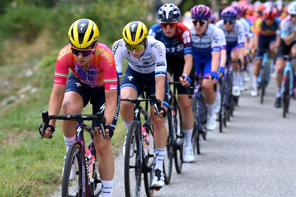 RODEZ FRANCE JULY 26 LR Elena Cecchini of Italy and Lorena Wiebes of The Netherlands and Team SD Worx Protime during the 2nd Tour de France Femmes 2023 Stage 4 a 1771km stage from Cahors to Rodez 572m UCIWWT on July 26 2023 in Rodez France Photo by Tim de WaeleGetty Images