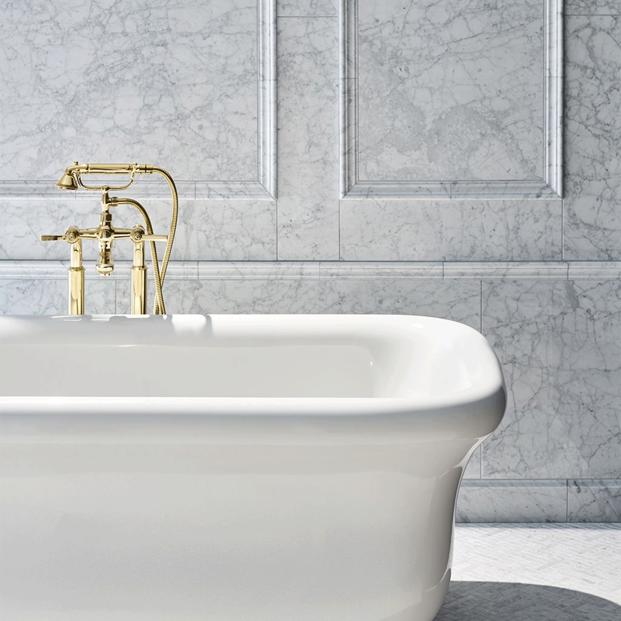 curved freestanding bath with gold mixer tap