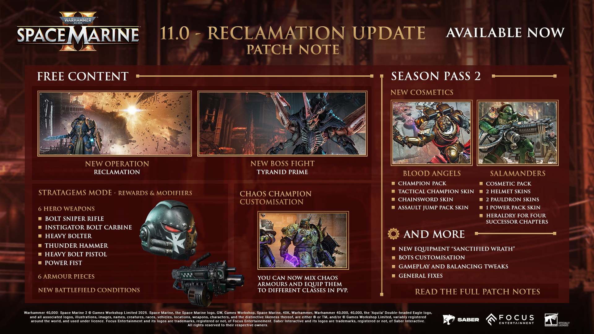 An image listing major features coming to Space Marine 2 in Patch 11