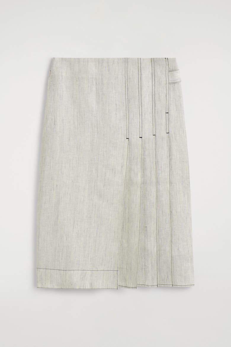Belted Pleated Linen Midi Skirt