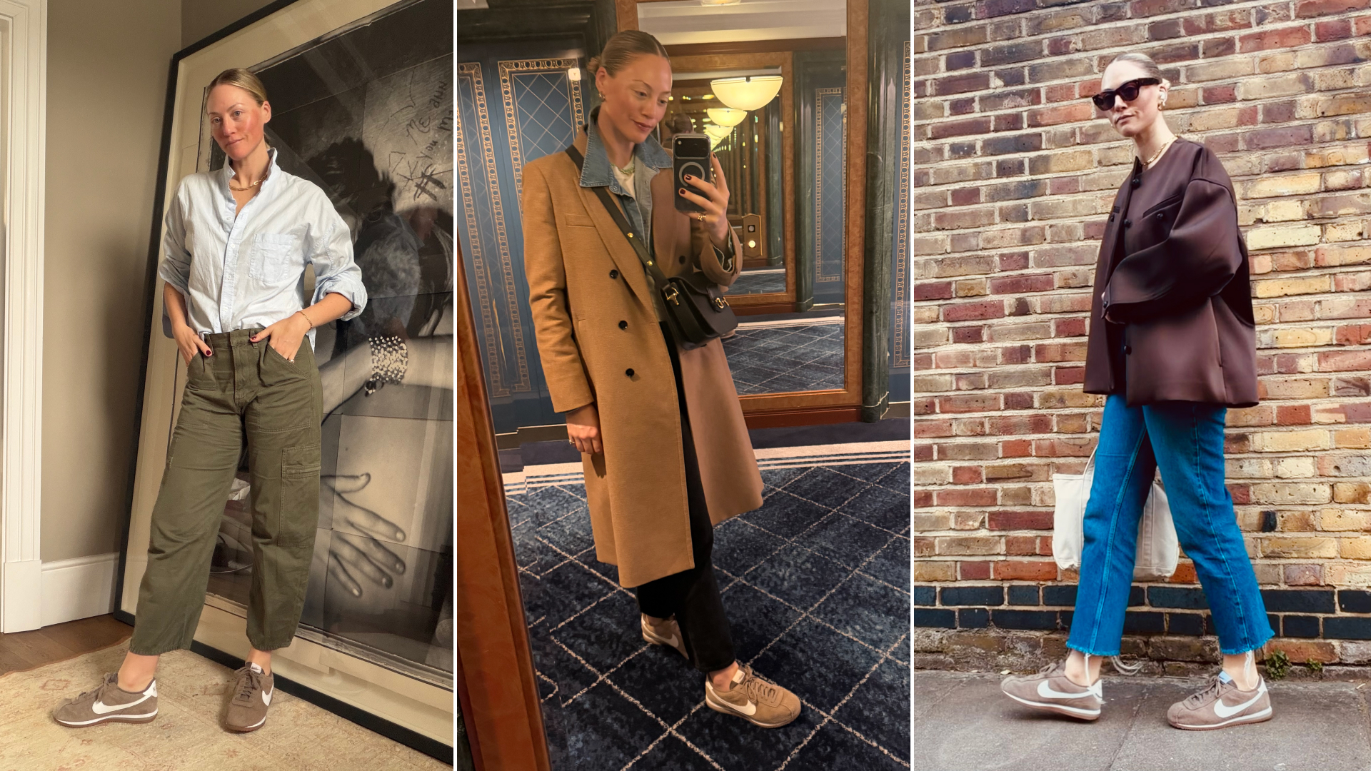 three photos of Brooke Ely Danielson wearing Nike Cortez sneakers