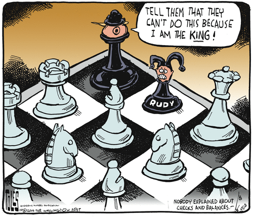 Political Cartoon U.S. Trump King Rudy Jester Chess Board