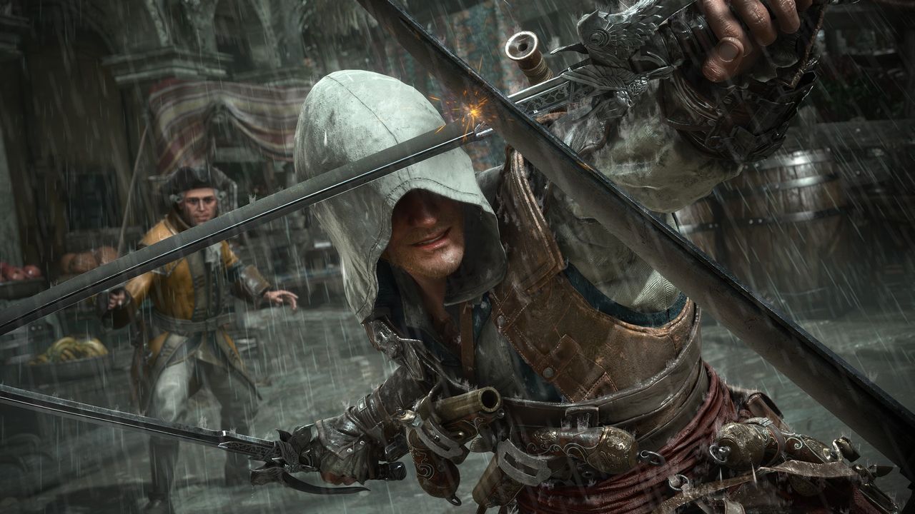 Edward Kenway parried a sword in the rain in Assassin's Creed Black Flag Resynced