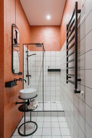 small wet room with step up to shower area and orange walls