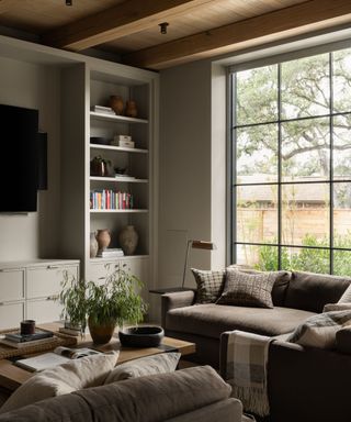 Neutral snug with beams, brown sofa, sage walls