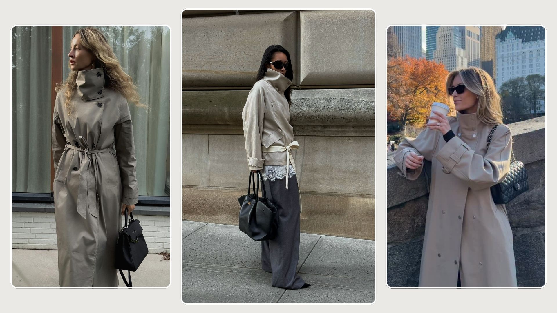 Three women wear funnel neck trench coats