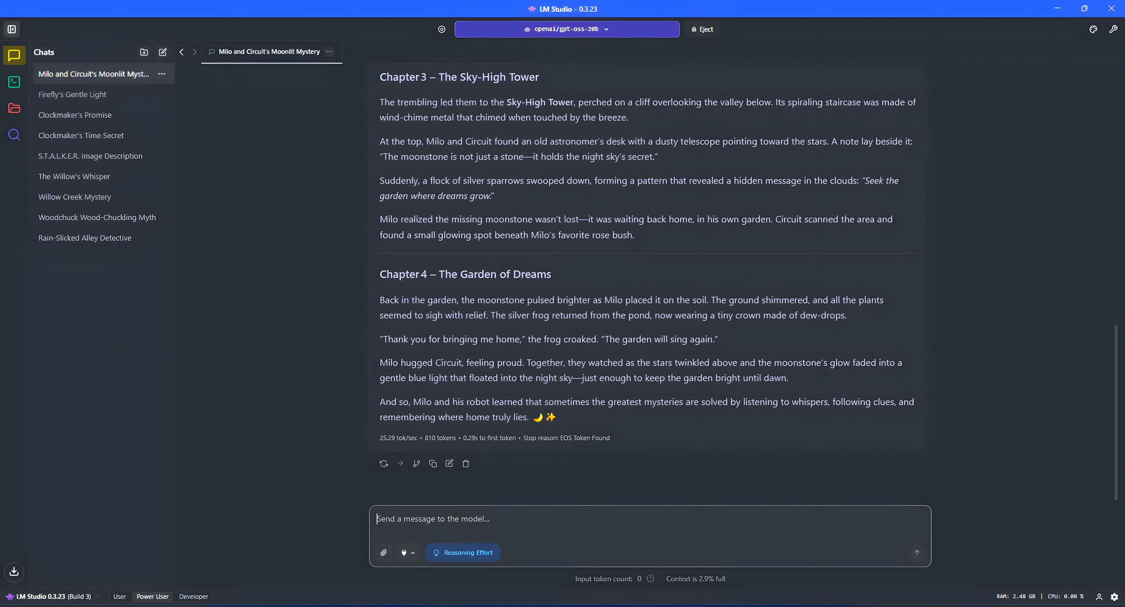 LM Studio writing a childrens story in gpt-oss:20b leveraging an AMD iGPU.