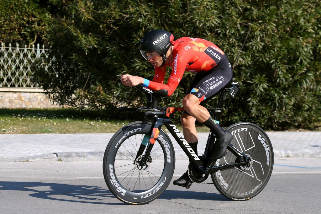 CAMAIORE ITALY MARCH 07 Damiano Caruso of Italy and Team Bahrain Victorious sprints during the 57th TirrenoAdriatico 2022 Stage 1 a 139km individual time trial from Lido di Camaiore to Lido di Camaiore TirrenoAdriatico on March 07 2022 in Camaiore Italy Photo by Tim de WaeleGetty Images