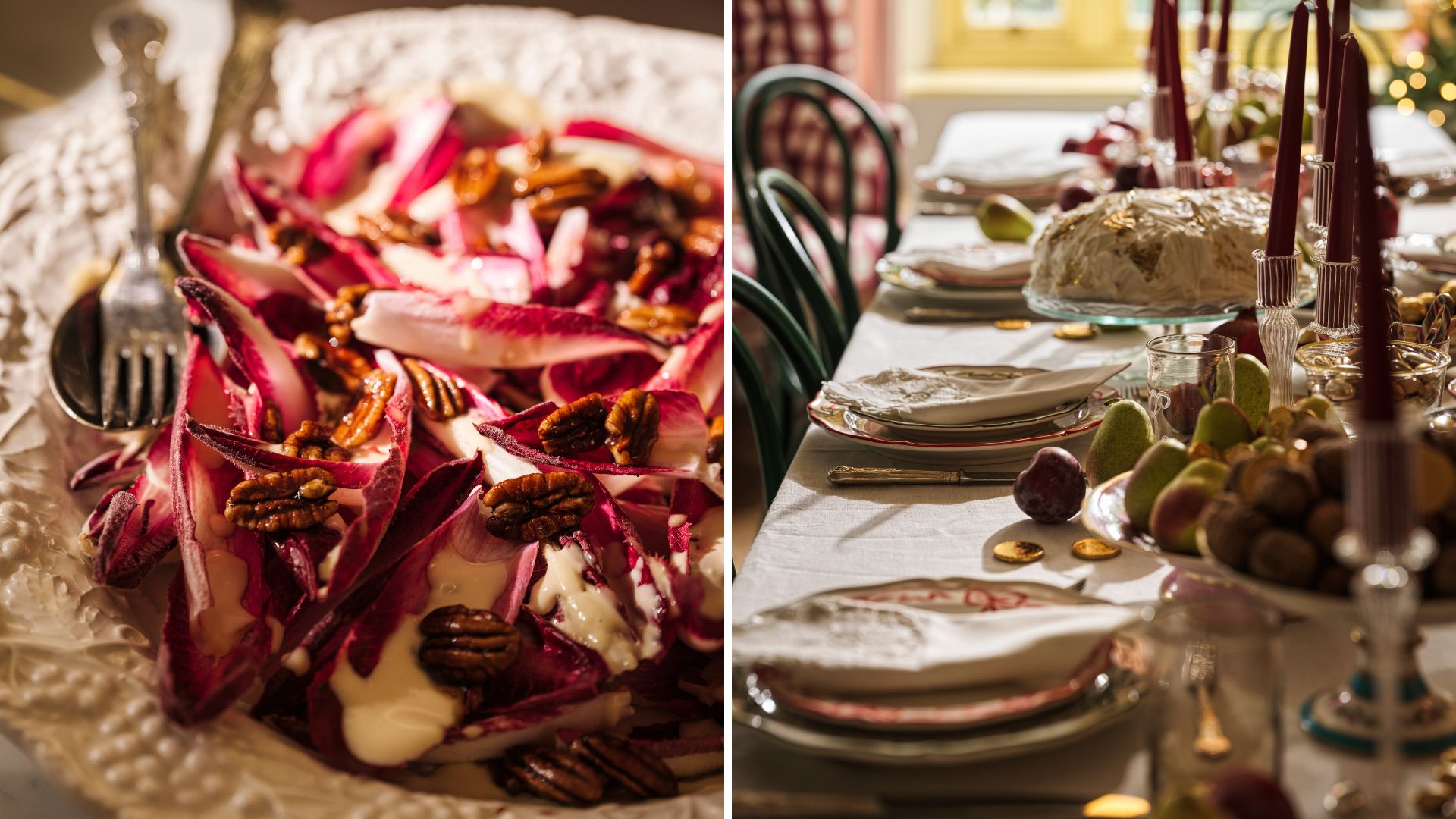Chicory salad (left); festive tablescape with fruit and red taper candles (right)
