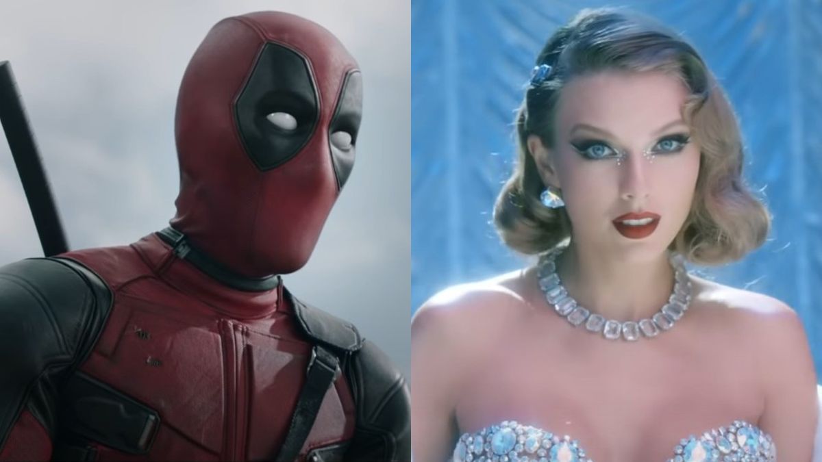 From left to right: screenshots of Deadpool in the Deadpool trailer and Taylor Swift in the Bejeweled music video.