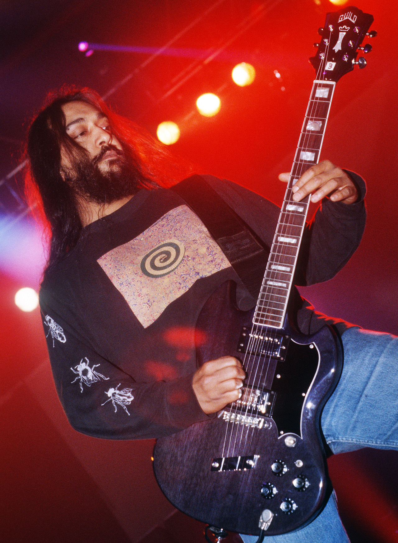 Soundgarden: Kim Thayil with a Guild Guitar, Brielpoort,Deinze, Belgium, 7th April 1994.