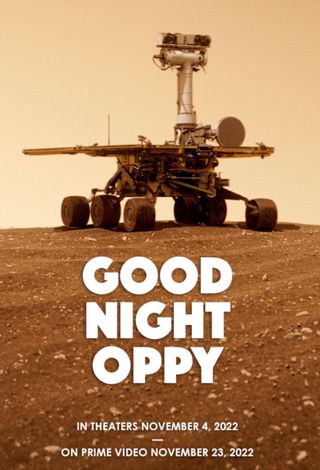 Promotional art for "Good Night Oppy" depicting the rover on the surface of Mars.