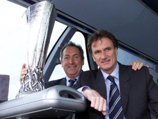 Gerard Houllier and his assistant Phil Thompson with the UEFA Cup