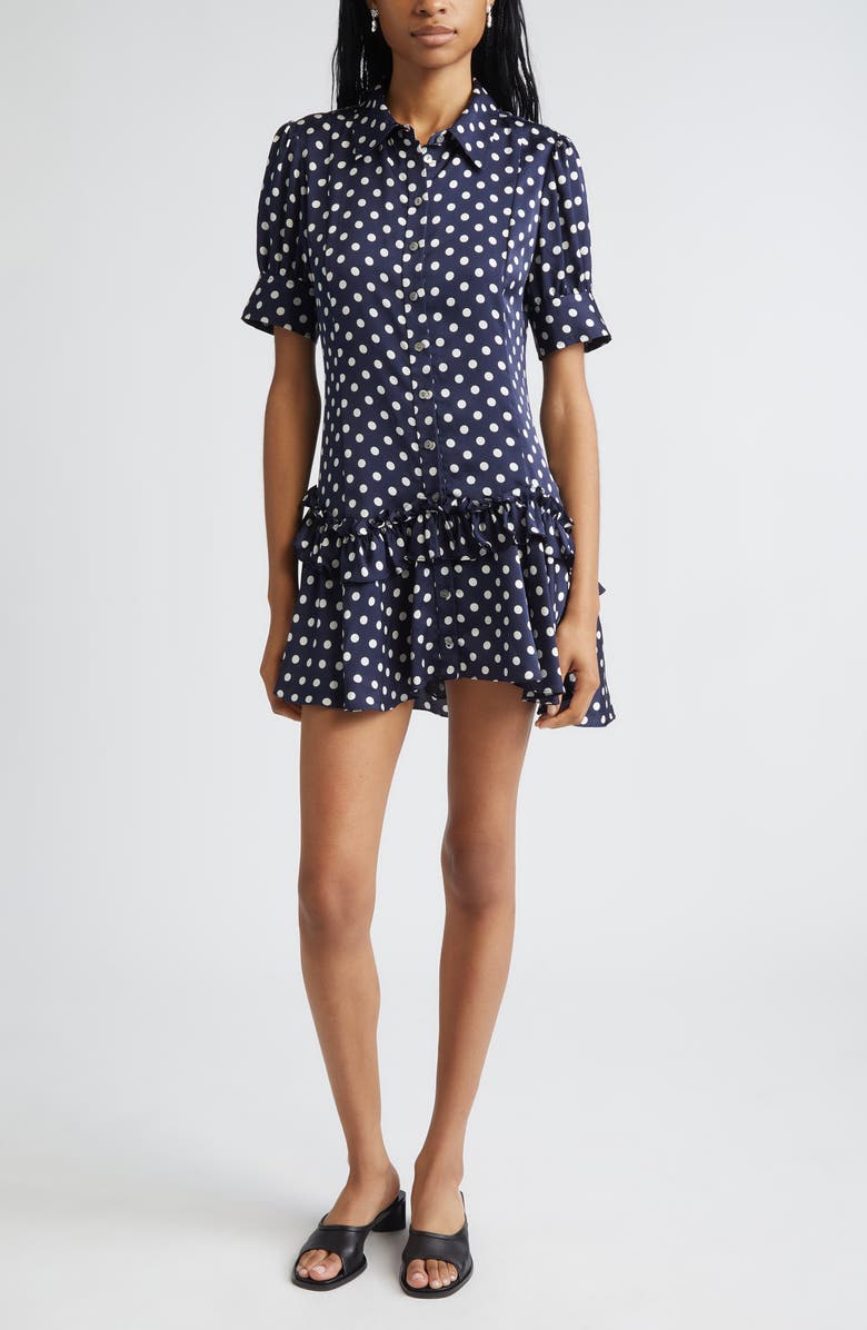 Snood Polka Dot Tiered Satin Shirtdress