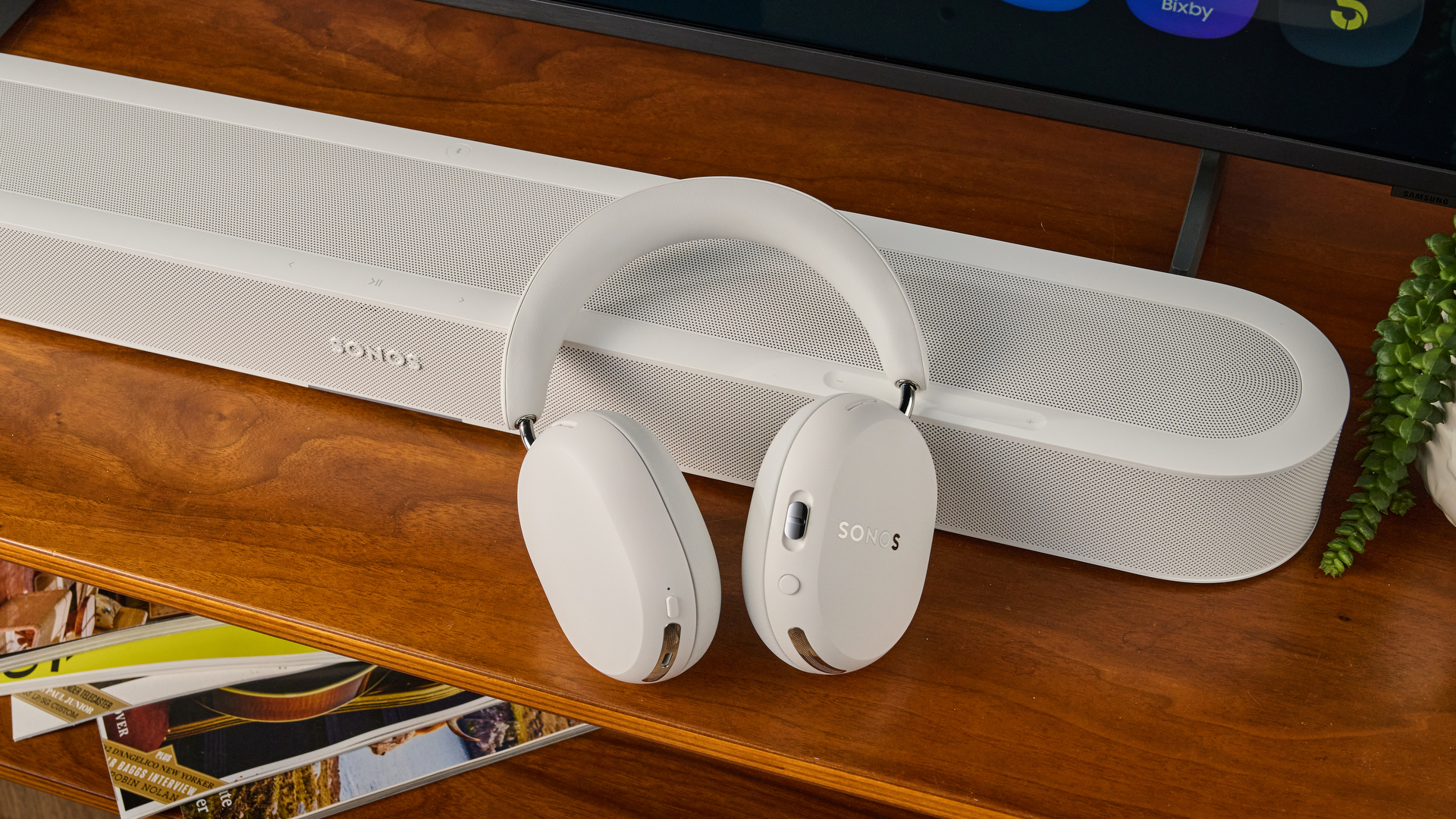 Sonos Ace Ultra balanced against the Sonos Beam Ultra