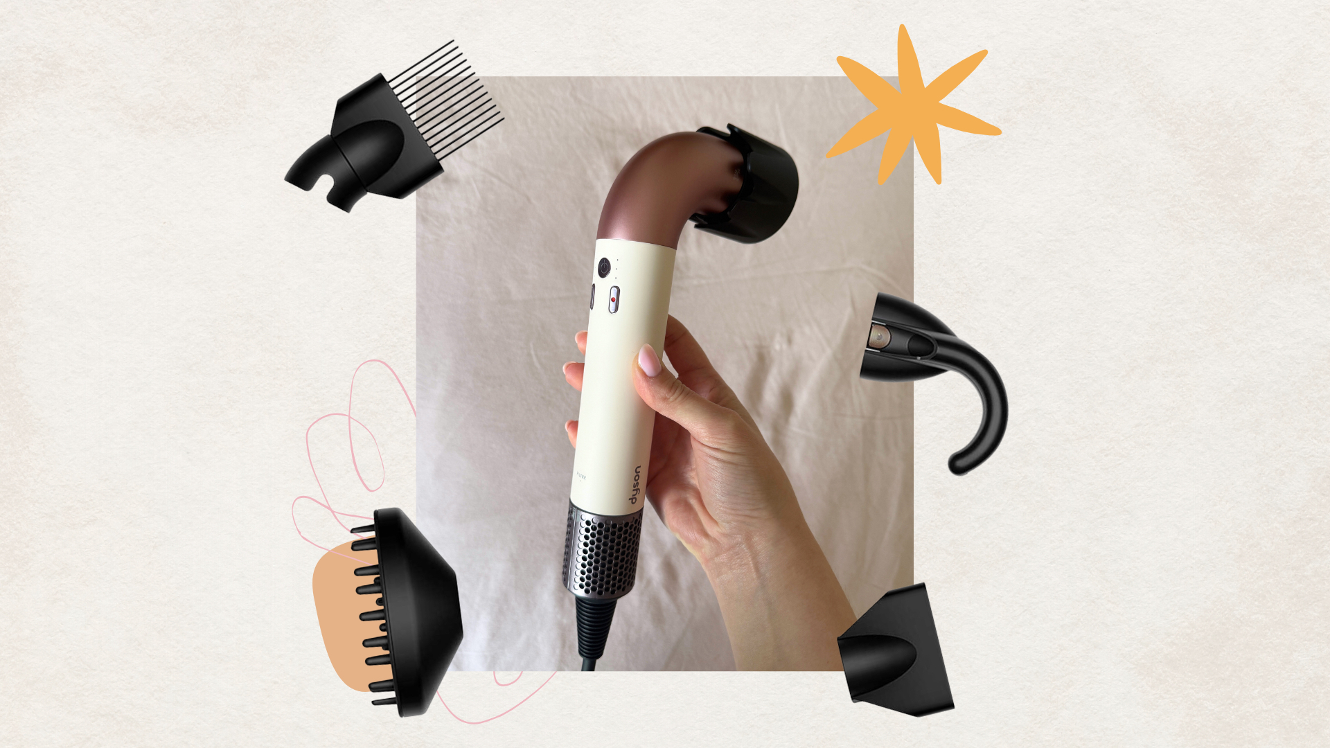 Composite image showing a vertical rectangular handheld shot of the Dyson r Supersonic hair dryer, surrounded by its attachments and abstract illustrations, set against a muted plaster effect background