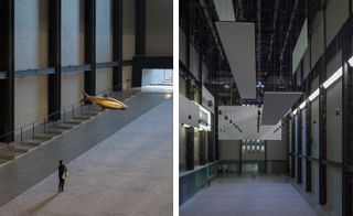 Two images. Left, a large hall with a staircase running up one side and a fish hanging above it. Right, a large hall with rectangular grey objects hanging from the roof.