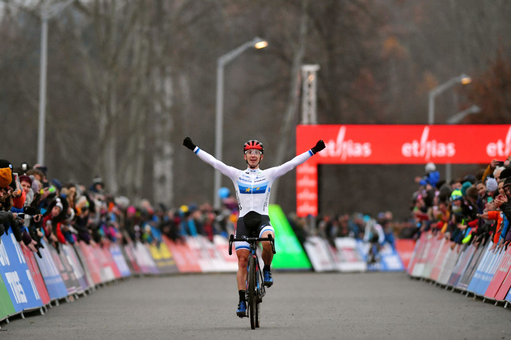 TABOR CZECH REPUBLIC NOVEMBER 14 Lars Van Der Haar of Netherlands and Team Baloise Trek Lions celebrates winning during the 25th Tabor UCI CycloCross Worldcup 2021 Mens Elite CXWorldCup on November 14 2021 in Tabor Czech Republic Photo by Luc ClaessenGetty Images