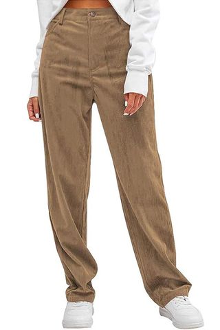 Zaful Women's Vintage Corduroy Pants High Waisted Straight Leg Pants Pockets Trousers (1-Tan, M)