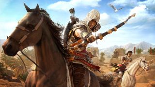 Un hombre disparando una flecha, sentado encima de un caballo, en Assassin's Creed Origins