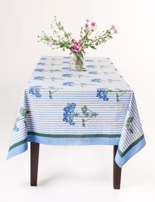 Blue Hydrangea Blockprint Tablecloth