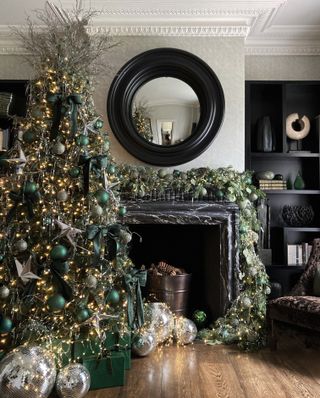 a living room with an ornately dressed christmas tree