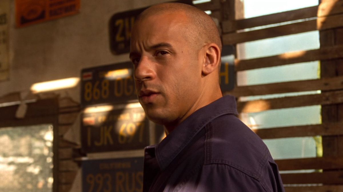 Vin Diesel looking to the left in the Fast and the Furious.