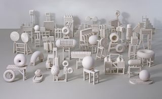 Lubna Chowdhary, Grey Areas, 2020, 40 unique white ceramic elements on grey background