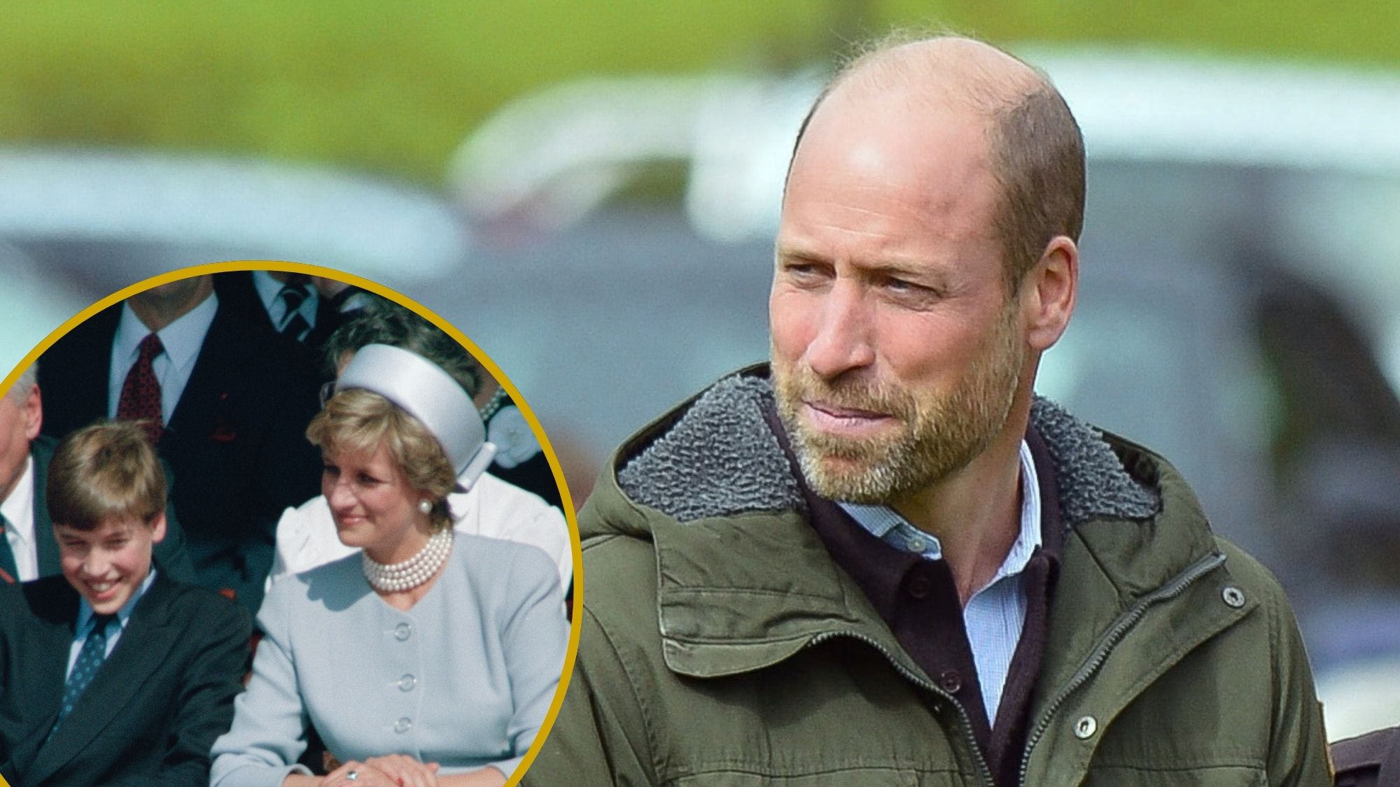 A composite of a roundel of Prince William and Princess Diana over a picture of Prince William on the Isle of Bute on September 17, 2026 