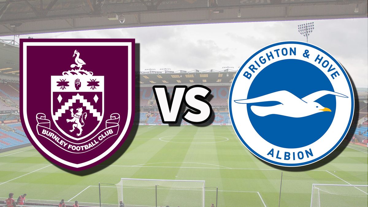 The Burnley and Brighton &amp; Hove Albion club badges on top of a photo of Turf Moor stadium in Burnley, England