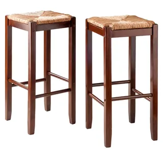 2pc Kaden Set Barstool Rush Seat Walnut - Winsome: Woven Square, Wooden Frame, Fixed Height