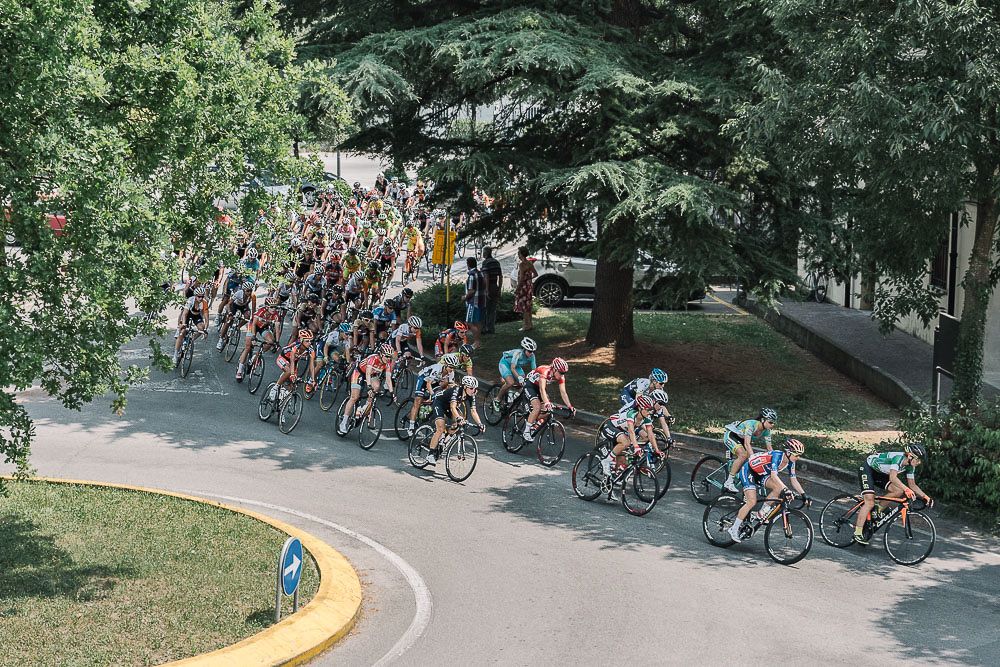 The peloton sweeps onto the circuit.