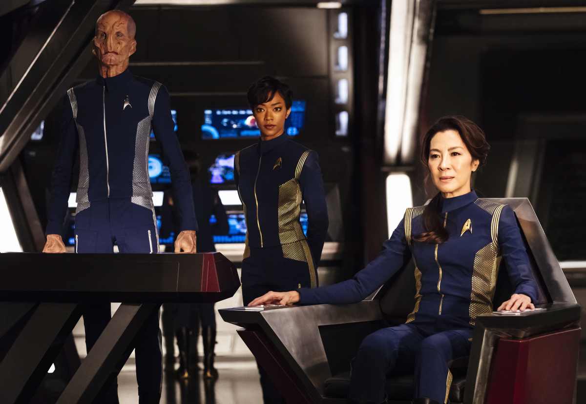 &quot;Star Trek: Discovery,&quot; the latest installment in the iconic Trek science fiction franchise, will debut Sept. 24, 2017. Pictured here (left to right): Doug Jones as Lt. Saru; Sonequa Martin-Green as First Officer Michael Burnham; and Michelle Yeoh as Capt