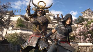 Naoe and Yasuke ready for battle, standing side by side and brandishing weapons