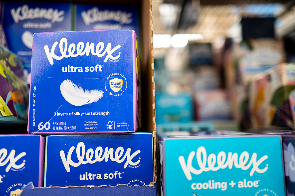 Boxes of Kleenex are displayed on shelves at a Walmart Supercenter on June 05, 2025 in Austin, Texas.