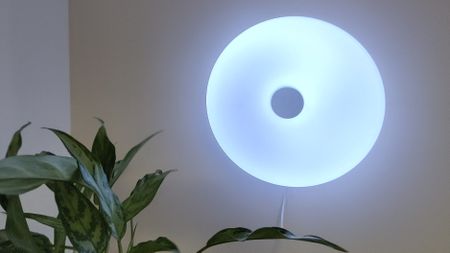 IKEA Varmblixt lamp illuminated blue, mounted on wall