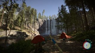 Sons of the Forest winter jacket location - two red tents populate a campsite in a forest, next to a tall waterfall