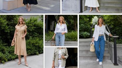 Woman showing the best shoes to wear with dresses and jeans.