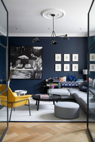 Navy blue living room with internal crittall doors, grey sofa and yellow armchair