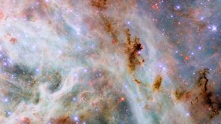 Hubble Space Telescope image of the colorful clouds of gas and dust near the Tarantula Nebula, located in the Large Magellanic Cloud about 160,000 light-years from Earth.