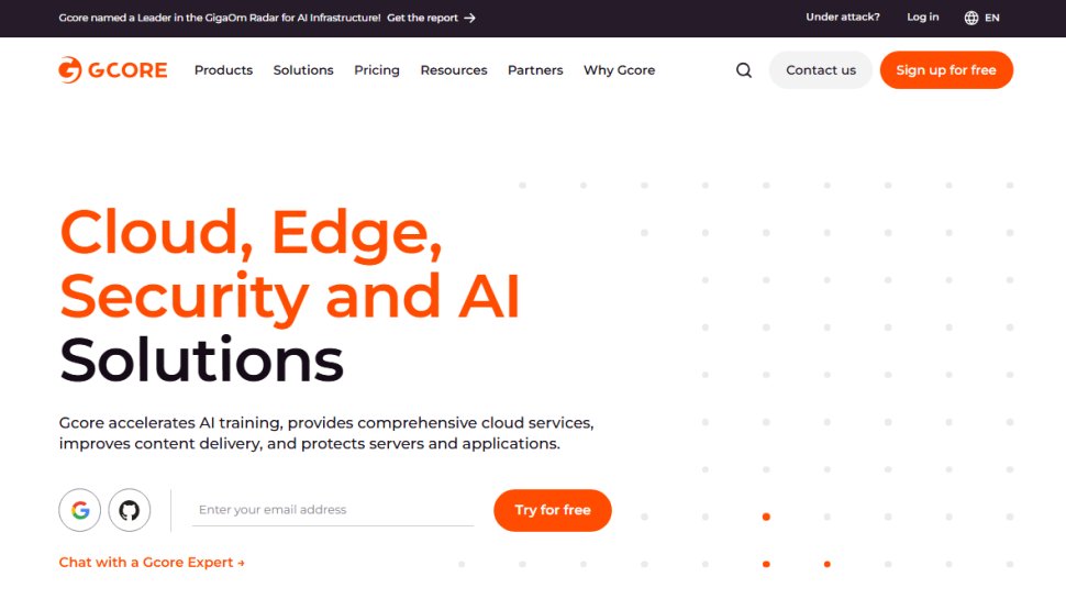 Website screenshot of Gcore (September, 2025)