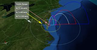This map of the United States' mid-Atlantic region shows the flight profile of NASA's five ATREX rockets, as well as the projected area where they may be visible after launch on March 14, 2012. The rockets' chemical tracers, meanwhile, should be visible from South Carolina through much of New England.