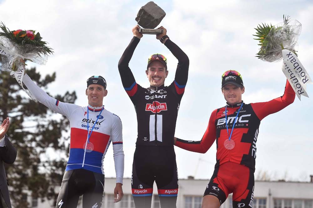 The 2015 Paris-Roubaix podium: Zdenek STybar (Etixx-QuickStep), John Degenkolb (Giant-Alpecin) and Greg Van Avermaet (BMC)