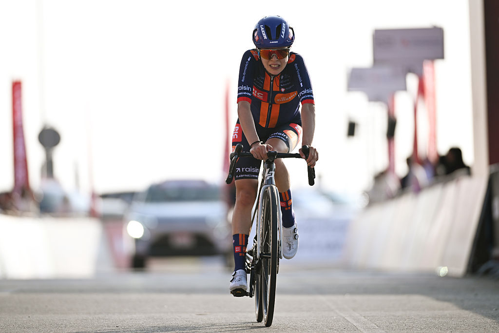 JEBEL HAFEET, UNITED ARAB EMIRATES - FEBRUARY 08: Eleonora Ciabocco of Italy and Team Picnic PostNL crosses the finish line during the 4th UAE Tour Women 2026, Stage 4 a 156km stage from Al Ain Hazza Bin Zayed Stadium to Jebel Hafeet 1042m / #UCIWWT / on February 08, 2026 in Jebel Hafeet, United Arab Emirates. (Photo by Tim de Waele/Getty Images)