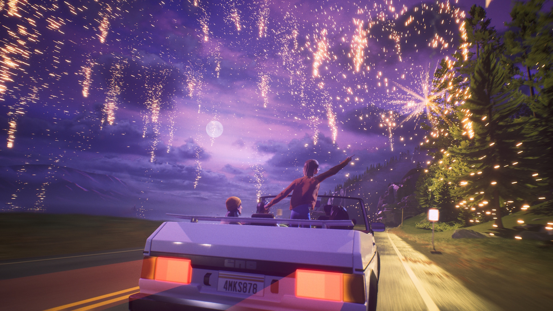 Mixtape screenshot featuring the main characters driving in a car while fireworks go off above