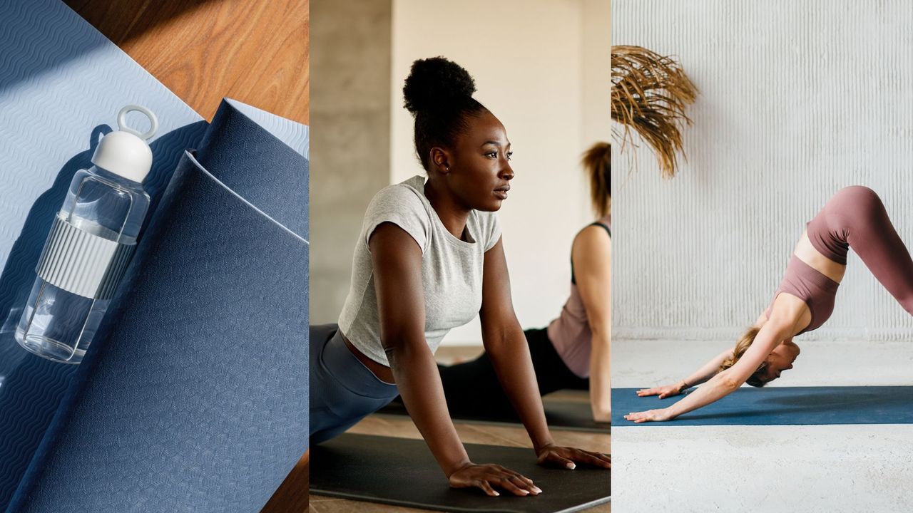 Collage of yoga related scenes, including yoga mat wrapped around water bottle, woman stretching on her front