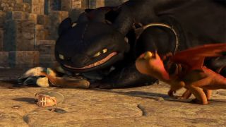 Terrible Terrors bugging Toothless over fish in the original animated How To Train Your Dragon.