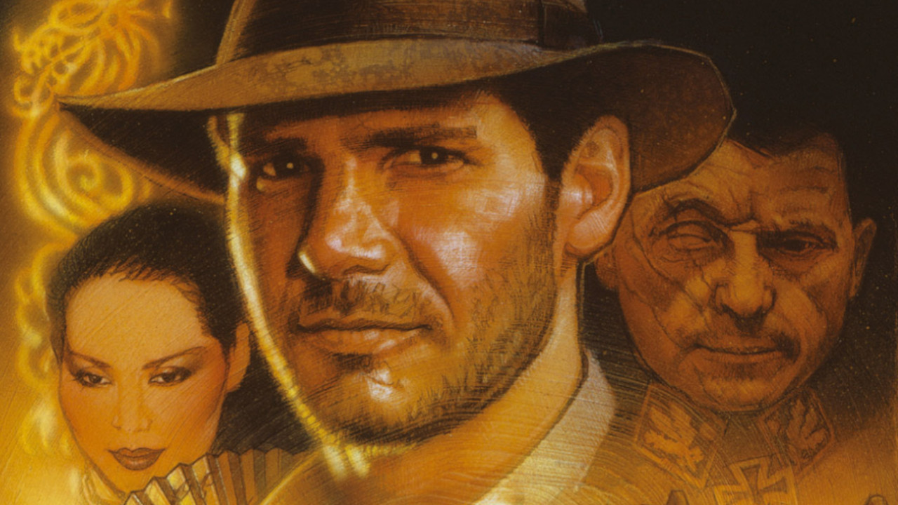 A crop of the box art for Indiana Jones and the Emperor&#039;s Tomb, showing Indiana Jones in front of the game&#039;s cast of characters mimicking the style of the movie posters - image sourced from Games Press