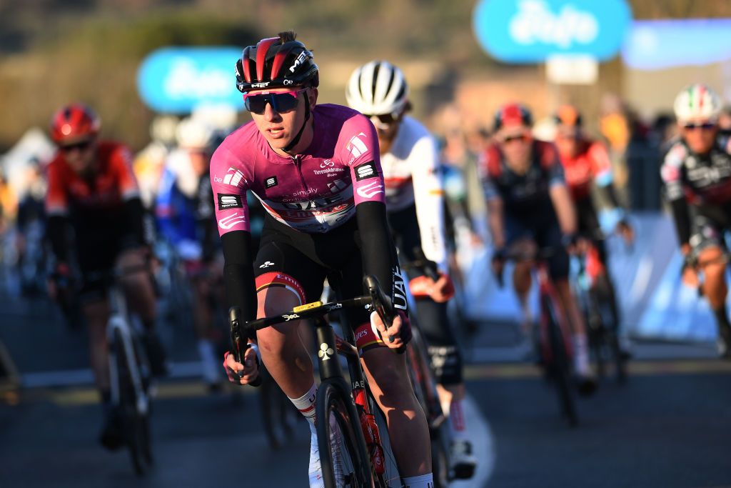 SOVICILLE ITALY MARCH 08 Tadej Pogacar of Slovenia and UAE Team Emirates Purple Sprint Jersey crosses the finish line during the 57th TirrenoAdriatico 2022 Stage 2 a 219km stage from Camaiore to Sovicille TirrenoAdriatico WorldTour on March 08 2022 in Sovicille Italy Photo by Tim de WaeleGetty Images